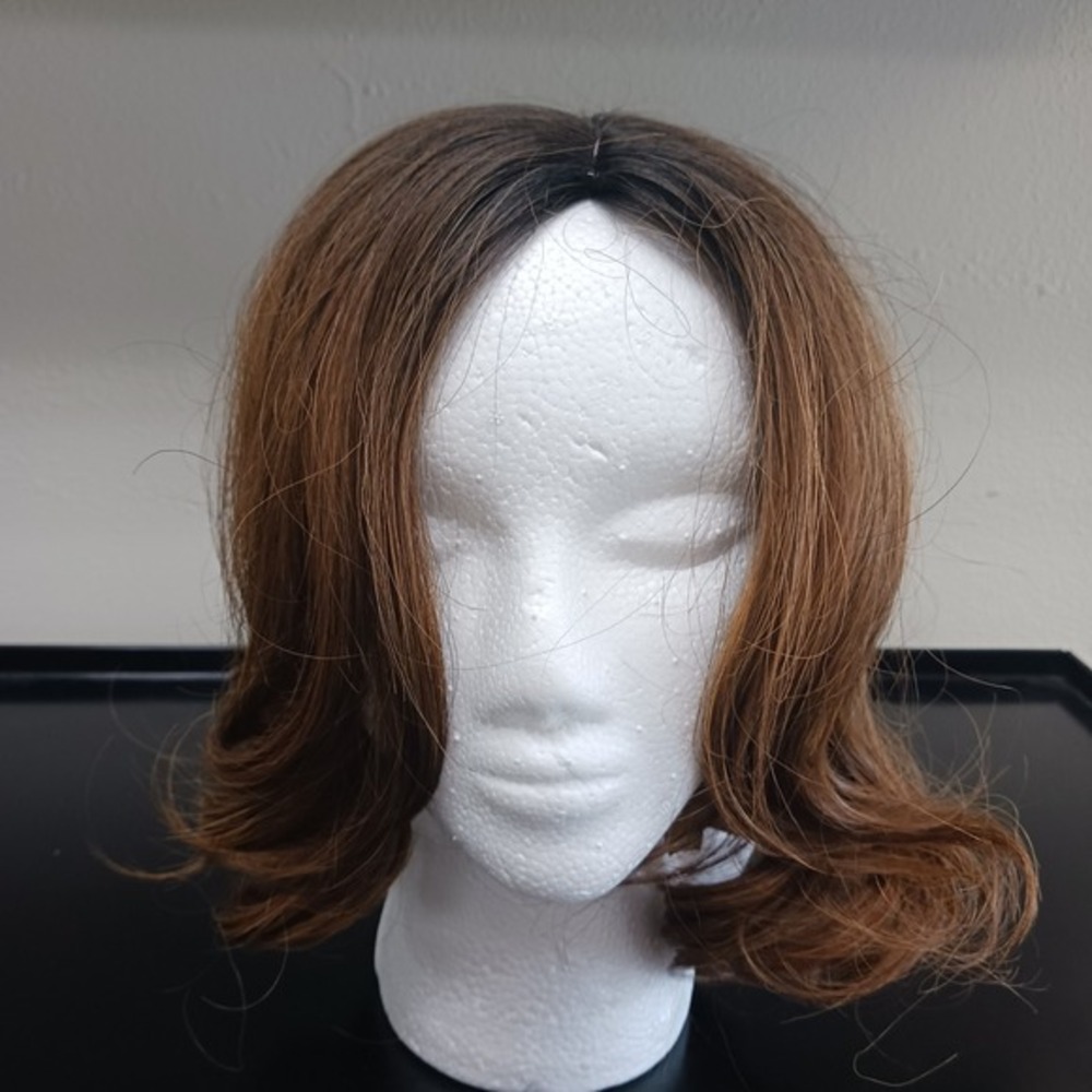 Hair Topper Golden Brown Dark Roots Clip-In center part Wavy Synthetic Hairpiece